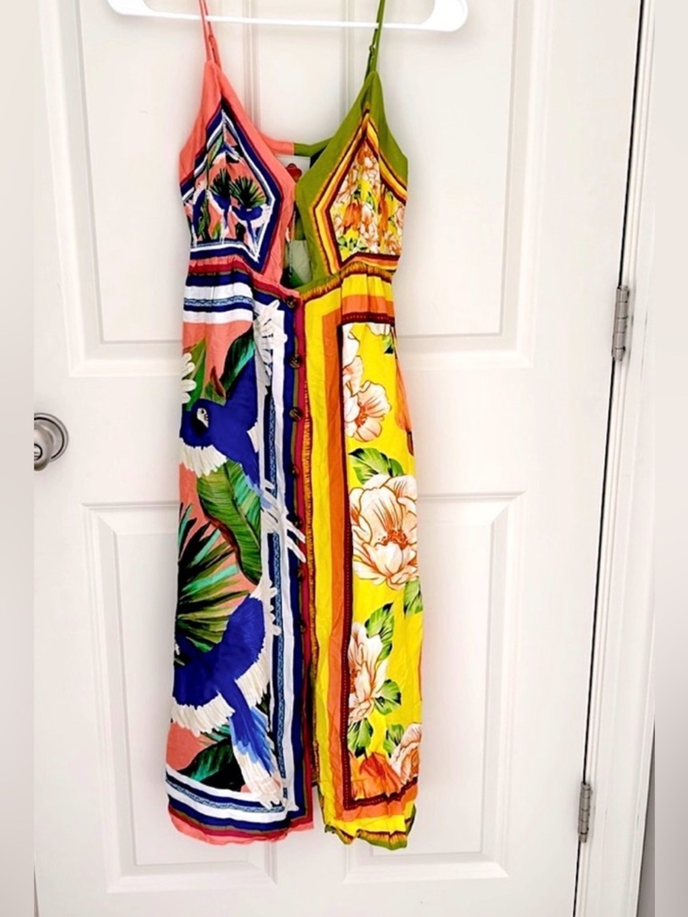 Farm Rio Double Scarves Midi Dress XS Colorblock Tropical 🌴 Cutout Button Front - Picture 9 of 14